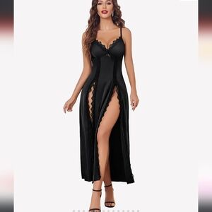 Avidlove 2 Pc Mesh & Lace V-neck Elegant Black Chemise Lingerie Thong NWT Small